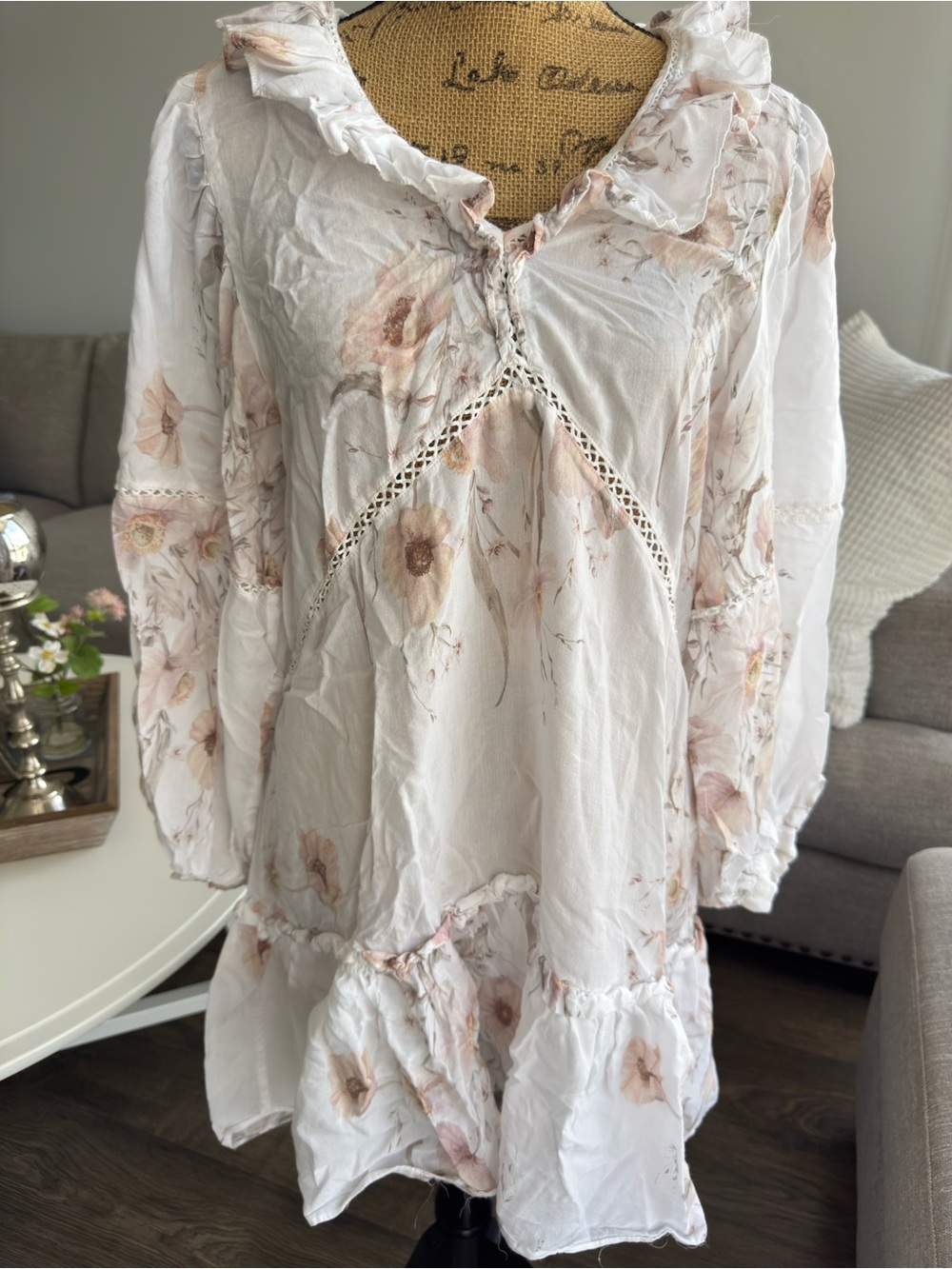 H&M White Long-Sleeve Floral Ruffle Dress - Blush Accent